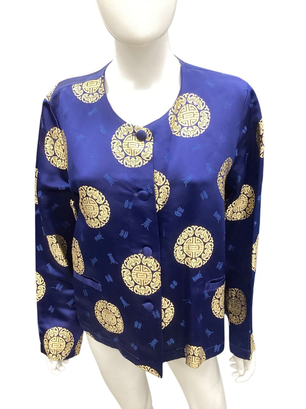 VTG April Cornell Womenβs Top Size L Button Down Silk Blend Dark Blue And Gold